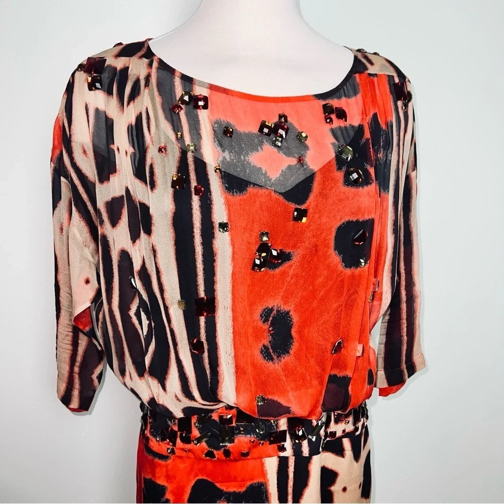 Diane Von Furstenberg Red &  Black Silk Abstract Print Dress - Jewels - Size 10